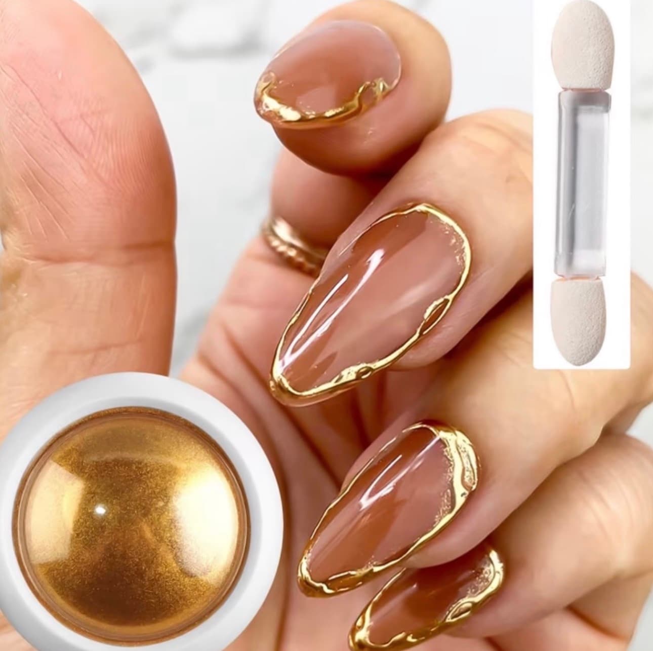 Poudre Miroir Doré Ultra-Brillante – Effet Chrome & Métallisé Nail Art (Avec Applicateur)